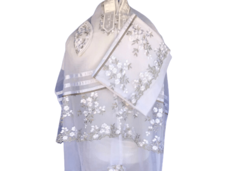 White Chiffon With Silver Leaf Tallit Online Sale